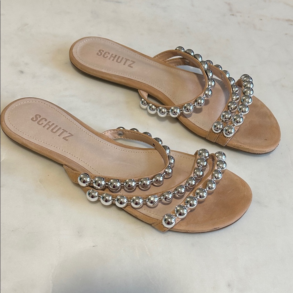 SCHUTZ Nude/Tan Beaded Slide Sandals